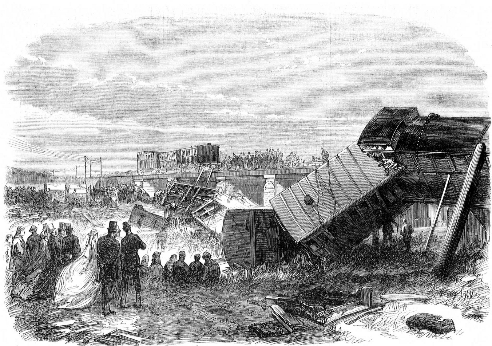 A newspaper engraving depicting the tragedy near Staplehurst. Dickens' coach can be seen on the right.