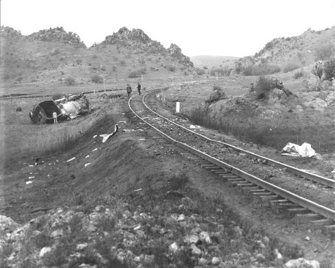 Paisano Pass following the accident. The boiler still rests where it fell. The damaged track where the train was sitting is visible near the center. (Terrell County Memorial Museum)