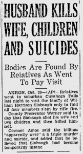 October 29, 1936 newspaper article on the Slabaugh murders in Cuyahoga Falls.