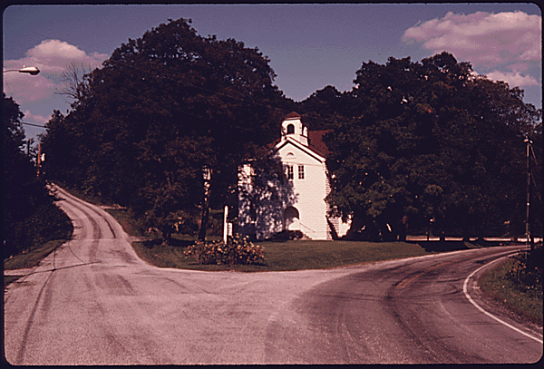 The old stone church in the former village of Boston is still in use today and looks identical to this 1975 photograph.