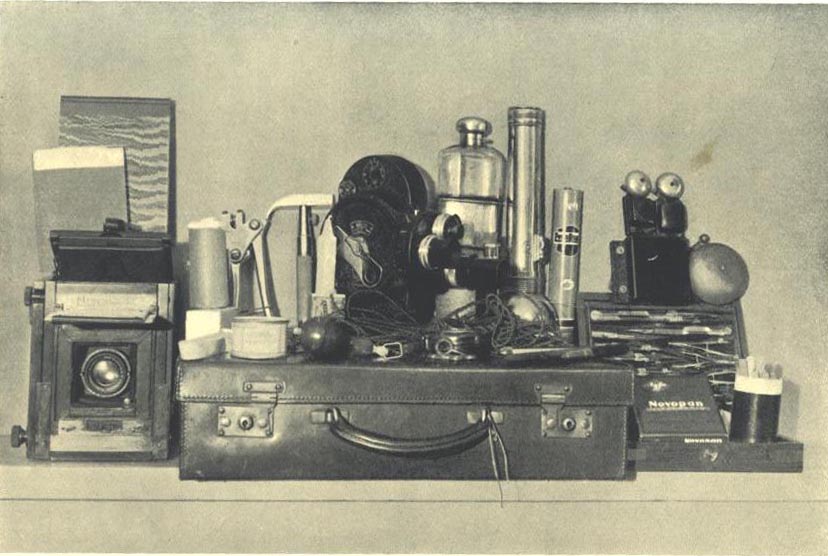 A collection of tools and devices used by Harry Price on his ghost hunts. (Confessions of a Ghost-Hunter, 1936)