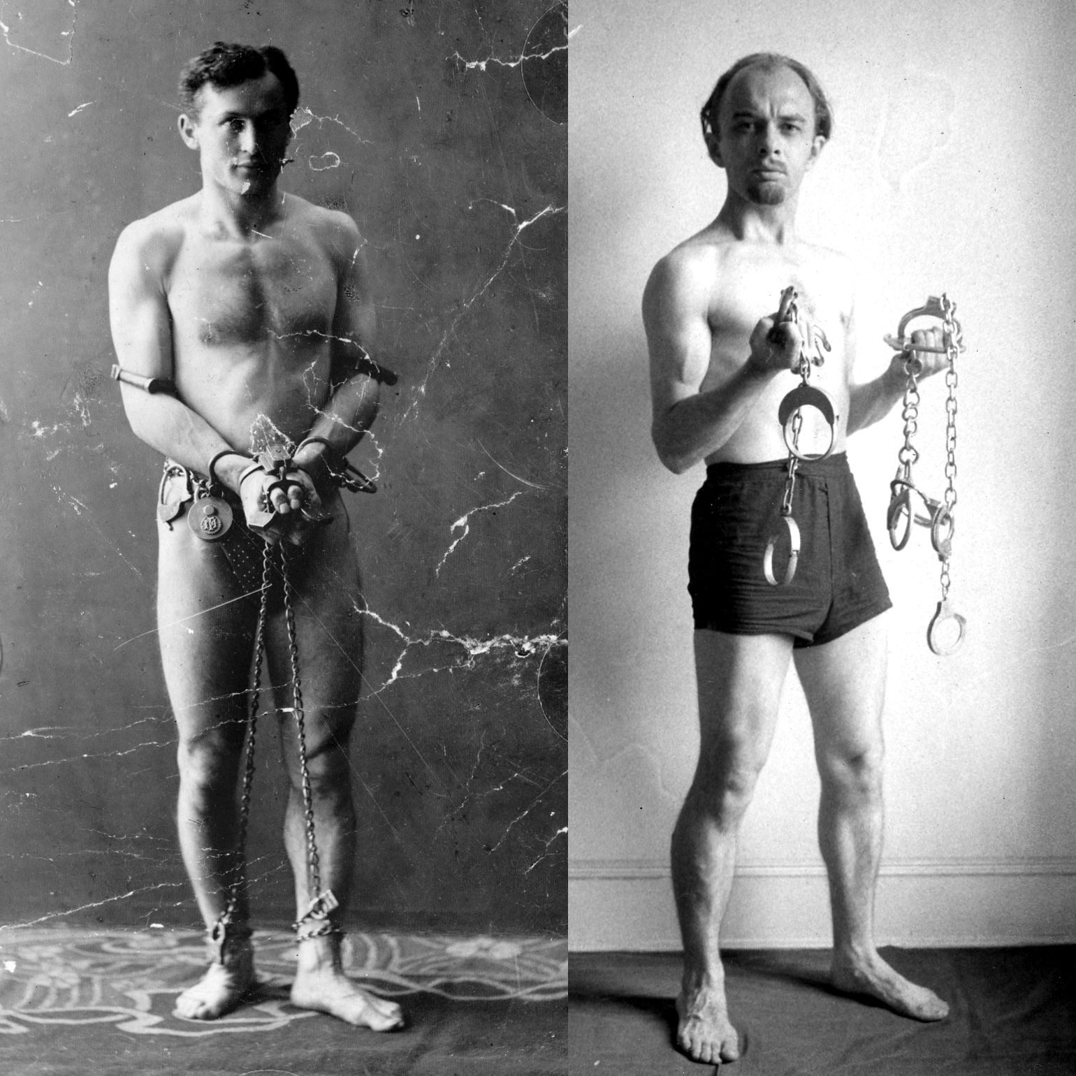 Harry Houdini (left) chained in a publicity photo; a young James Randi (right) mimics the famed magician half a century later.